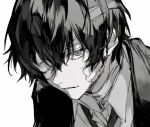  1boy bandage_over_one_eye bandaged_neck bandages bandaid bandaid_on_cheek bandaid_on_face bungou_stray_dogs collared_shirt dazai_osamu_(bungou_stray_dogs) greyscale hair_between_eyes looking_at_viewer mafia male_focus monochrome nozz177 portrait shirt short_hair simple_background smile solo suit white_background 