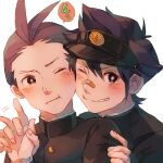  &gt;:) 2boys :t ace_attorney apollo_justice bandaid bandaid_on_face bandaid_on_nose black_hair black_headwear black_jacket blue_eyes blush brown_eyes brown_hair buttons clay_terran collared_jacket fingernails forked_eyebrows gakuran grin hair_between_eyes hand_on_another&#039;s_arm hand_up highres holding_hands jacket long_sleeves looking_at_another looking_at_viewer male_focus multiple_boys one_eye_closed school_uniform short_hair simple_background smile speech_bubble v-shaped_eyebrows visor_cap waroring255 white_background wince 