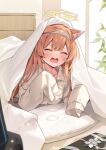  1girl absurdres animal_ear_fluff animal_ears blanket blue_archive blush closed_eyes collarbone flower hair_over_shoulder hairband halo headband highres kurobi_(netisz) long_hair mari_(blue_archive) on_bed open_mouth orange_hair pillow shirt solo under_covers very_long_sleeves white_headband white_shirt yawning yellow_halo 