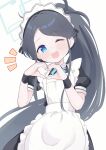  1girl :d absurdres apron aqua_ribbon aris_(blue_archive) aris_(maid)_(blue_archive) black_dress black_hair black_wristband blue_archive blue_eyes collared_dress commentary dot_nose dress frilled_apron frills grey_halo halo head_tilt heart heart_hands highres long_hair looking_at_viewer maid maid_apron maid_headdress msrn39 neck_ribbon notice_lines official_alternate_costume one_eye_closed open_mouth ponytail ribbon short_sleeves sidelocks simple_background smile solo swept_bangs teeth upper_body upper_teeth_only very_long_hair white_apron white_background 