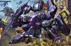  absurdres battle berga_giros blue_eyes blue_sky building crossbone_vanguard day debris den&#039;an_gei den&#039;an_zon flying ground_shatter gundam gundam_f91 heavygun highres holding holding_polearm holding_weapon kinoshita_tomotake lance mecha mobile_suit no_humans official_art outdoors polearm robot scan science_fiction sky smoke sparks thrusters weapon 