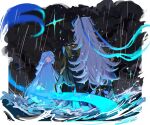  1boy 1girl black_background blue_cloak border cloak facing_away furina_(genshin_impact) genshin_impact highres long_hair looking_back looking_to_the_side neuvillette_(genshin_impact) ocean rain shima_(vivi_do) sketch sparkle water white_border white_hair 