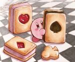 :o blue_eyes checkered_floor colored_skin commentary cookie food holding holding_food ice_cream ice_cream_sandwich kirby kirby_(series) looking_at_viewer miclot no_humans open_mouth oversized_object pink_skin red_footwear shoes solo symbol-only_commentary 