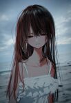  1girl archived_source bare_shoulders beach black_eyes black_hair dress expressionless highres honjou_ruri honnryou_hanaru long_hair looking_at_viewer narrowed_eyes original outdoors overcast parted_lips sky solo sundress upper_body water white_dress 
