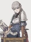  1girl armor braid breastplate closed_mouth earrings gloves grey_eyes grey_hair jewelry long_hair looking_at_viewer ravness_loxaerion shoulder_armor simple_background single_earring smile solo sword tactics_ogre thigh-highs twin_braids weapon white_background windcaller 