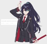  1boy belt black_belt black_coat black_hair black_pants black_vest blush coat collared_shirt finger_heart grin half_updo hand_up highres holding holding_weapon hong_lu_(limbus_company) limbus_company long_hair looking_at_viewer necktie one_eye_closed pants project_moon red_necktie shiki_(shikki46) shirt smile solo very_long_hair vest weapon white_shirt wing_collar 