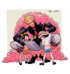  1girl 2boys 4444_(tetsuya) aged_down baby_5 black_dress black_hair black_shirt blonde_hair blue_shorts bow capri_pants child closed_eyes coat donquixote_doflamingo dress earrings feather_coat hair_bow headpat jewelry leg_hair long_hair looking_at_another multiple_boys necktie one_piece open_mouth pants pink-tinted_eyewear pink_coat red_necktie shirt short_hair shorts smile squatting sunglasses sweatdrop tinted_eyewear trafalgar_law twitter_username white-framed_eyewear white_shirt yellow_bow 