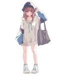  1girl absurdres aoi_tori bag blue_footwear blush brown_hair closed_mouth collarbone drawstring full_body grey_bag grey_headwear hand_up highres hood hoodie long_hair looking_at_viewer multicolored_clothes multicolored_hoodie original oversized_clothes shoulder_bag sidelocks simple_background sleeves_past_wrists solo violet_eyes white_background 