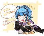  arm_up betabetamaru black_gloves blue_hair cape clenched_hand closed_eyes facing_to_the_side fire_emblem fire_emblem_heroes gloves high_ponytail open_mouth purple_cape reginn_(fire_emblem) smile upper_body 