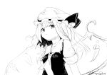  1girl absurdres artist_name ascot breasts closed_mouth collarbone flandre_scarlet greyscale hat hat_ribbon high_contrast highres kotayo medium_hair mob_cap monochrome puffy_short_sleeves puffy_sleeves ribbon shirt short_sleeves simple_background small_breasts solo touhou twitter_username upper_body vest wings 