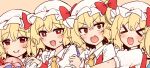  &gt;_&lt; 4girls arm_up artist_name ascot blonde_hair blush bow character_doll closed_eyes closed_mouth collared_shirt crossed_bangs crystal doll dress fang fangs fingernails flandre_scarlet four_of_a_kind_(touhou) frills hair_between_eyes hair_bow hand_on_another&#039;s_shoulder hand_up hat hat_bow hat_ribbon heart heart-shaped_pupils highres holding holding_doll kirero looking_at_another looking_at_viewer mob_cap multicolored_wings multiple_girls multiple_persona one_side_up open_mouth orange_background pink_headwear puffy_short_sleeves puffy_sleeves purple_hair red_bow red_dress red_eyes red_ribbon remilia_scarlet ribbon shirt short_hair short_sleeves simple_background smile standing symbol-shaped_pupils tongue touhou upper_body v-shaped_eyebrows white_headwear white_shirt wings wrist_cuffs yellow_ascot 