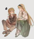  1boy 1girl absurdres blonde_hair blouse blush book brown_hair crossed_legs dress hair_between_eyes hairband highres holding holding_book link long_hair looking_at_another pointy_ears princess_zelda shirt short_hair simple_background sitting smile the_legend_of_zelda the_legend_of_zelda:_tears_of_the_kingdom violet_eyes white_shirt yuno_11_02 