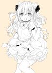  1girl animal_ear_fluff animal_ears apron blush bow bowtie cat_ears cowboy_shot dress embarrassed frilled_dress frills hair_bow highres long_hair maid monochrome mutou_mato open_mouth original short_sleeves simple_background solo sweat thigh-highs two_side_up wrist_cuffs zettai_ryouiki 