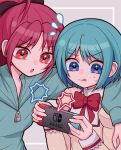  2girls :p arm_around_neck blue_eyes blue_hair blue_jacket bow grey_background hair_bow highres jacket keropiki long_hair looking_at_object mahou_shoujo_madoka_magica miki_sayaka mitakihara_school_uniform multiple_girls nintendo_switch open_mouth playing_games ponytail red_eyes redhead sakura_kyoko school_uniform short_hair simple_background sweat sweatdrop tongue tongue_out 