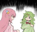  2girls aki_mabayu bocchi_the_rock! bow commentary_request crossover cube_hair_ornament facing_another gotoh_hitori green_hair green_jacket hair_ornament hair_over_one_eye hairclip hand_up jacket long_hair long_sleeves looking_at_another magia_record:_mahou_shoujo_madoka_magica_gaiden mahou_shoujo_madoka_magica moldy_edge multiple_girls one_side_up open_mouth pink_hair pink_jacket red_bow shirt track_jacket trait_connection upper_body violet_eyes white_shirt 