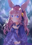  1girl animal_ears blue_eyes blush breasts brooch clouds detached_collar dress expressionless hair_ribbon highres jewelry long_hair long_sleeves looking_at_viewer mutou_mato night original outdoors pink_hair purple_dress rabbit_ears ribbon sky small_breasts solo star_(sky) starry_sky upper_body 