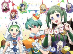  anna_(fire_emblem) anniversary candy confetti crown feh_(fire_emblem_heroes) fehnix fire_emblem fire_emblem_heroes food green_hair holding japanese_clothes kiran_(fire_emblem) midori_(fire_emblem) mikurou_(nayuta) mysterious_man_(fire_emblem) nils_(fire_emblem) official_art rolf_(halloween)_(fire_emblem) sharena_(fire_emblem) twintails veronica_(fire_emblem) 