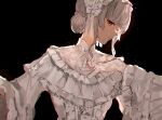  1girl black_background blunt_bangs commentary curly_hair dress frilled_dress frilled_hairband frills gradient_hair grey_hair hair_bun hairband highres higuchi_kaede higuchi_kaede_(14th_costume) light_particles looking_to_the_side mole mole_under_eye multicolored_hair nijisanji official_alternate_costume official_alternate_hairstyle outstretched_arms purple_hair simple_background solo spread_arms suna_(sunasuna_3) symbol-only_commentary upper_body violet_eyes virtual_youtuber white_dress white_hairband 