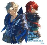  2boys adol_christin back-to-back blonde_hair blue_eyes brown_eyes coat crimson_king_(ys) earrings feathers gloves hair_over_one_eye hawk_(ys) jewelry looking_at_viewer male_focus multiple_boys ponytail redhead simple_background sleeves_rolled_up swept_bangs tatsumikkk white_background white_feathers ys ys_ix_monstrum_nox 