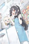  2girls @_@ ^^^ absurdres angel&#039;s_24_uniform_(blue_archive) apron arona&#039;s_sensei_doodle_(blue_archive) arona_(blue_archive) black_bow black_bowtie black_hair blue_apron blue_archive boku_2020 bow bowtie convenience_store dutch_angle forehead halo hands_up highres indoors looking_ahead looking_at_another miyu_(blue_archive) multiple_girls red_eyes sensei_(blue_archive) shirt shop sora_(blue_archive) striped striped_bow striped_bowtie teardrop wavy_mouth white_shirt 