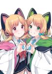  2girls absurdres animal_ear_headphones animal_ears aqua_bow black_skirt blonde_hair blue_archive blue_necktie blush bow closed_mouth collared_shirt fake_animal_ears green_eyes grin hair_bow headphones heart heart_hands heart_hands_duo highres jacket long_sleeves looking_at_viewer midori_(blue_archive) mikuchi3939 momoi_(blue_archive) multicolored_clothes multicolored_jacket multiple_girls necktie pink_eyes pleated_skirt red_bow shirt short_hair siblings simple_background sisters skirt smile tongue tongue_out twins two-tone_jacket white_background white_shirt wide_sleeves 