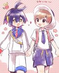  2boys :d ahoge applin blue_shirt blush brown_hair clenched_hand collared_shirt commentary_request florian_(pokemon) gloves hair_between_eyes hairband happy hat heart highres holding_hands jacket kieran_(pokemon) knees male_focus multiple_boys necktie open_mouth pokemon pokemon_(game) pokemon_sv purple_necktie purple_shorts red_gloves school_uniform shirt short_hair shorts single_glove smile white_jacket white_shirt white_shorts yataba yellow_eyes yellow_hairband 