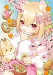  1girl :t animal_ear_fluff animal_ears aona_(noraneko) beans bento blonde_hair blue_background bob_cut carrot cherry_blossoms cherry_tomato cowboy_shot cup eating egg_(food) falling_petals floral_print flower flower_knot food food_art food_on_face fox fox_ears fox_girl fox_tail fried_chicken gradient_background hair_between_eyes hair_flower hair_ornament hairclip hanami hand_on_own_face highres holding holding_cup hood hood_down hoodie inarizushi original petals pink_eyes pink_flower pink_skirt pleated_skirt sitting skirt softboiled_egg solo sushi tail tassel tassel_hair_ornament tea thermos tomato white_hoodie wiping_mouth 