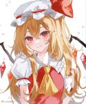  1girl ascot blonde_hair closed_mouth commentary_request crystal flandre_scarlet hand_up hat hat_ribbon highres long_hair looking_at_viewer mob_cap pointy_ears puffy_short_sleeves puffy_sleeves red_eyes red_nails red_ribbon red_vest ribbon shirt short_sleeves smile solo touhou twitter_username upper_body uzmee very_long_hair vest white_headwear white_shirt wings wrist_cuffs yellow_ascot 