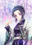  1girl 2020 artist_name belt belt_buckle black_hair breasts buckle bug butterfly butterfly_hair_ornament butterfly_on_hand buttons closed_mouth dated demon_slayer_uniform hair_ornament haori japanese_clothes katana kimetsu_no_yaiba kochou_shinobu long_sleeves looking_at_viewer medium_breasts morere pink_butterfly pink_lips short_hair signature smile solo sword violet_eyes weapon white_belt wide_sleeves 
