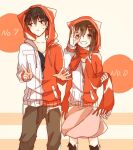  1boy 1girl animal_hood bad_id bad_pixiv_id black_eyes black_footwear black_hair blue_shirt brown_eyes brown_hair cat_hood circle closed_mouth collarbone commentary feet_out_of_frame fringe_trim grey_pants hair_ornament hairclip hood hood_up hooded_jacket jacket kagerou_project kisaragi_shintarou long_hair long_sleeves looking_at_viewer matching_outfits multicolored_clothes multicolored_jacket no_pupils numbered ok_sign ok_sign_over_eye open_mouth pants partially_unzipped pink_background pink_skirt pocket red_jacket red_scarf scarf shirt short_hair sketch skirt smile sweat t-shirt tateyama_ayano two-tone_background two-tone_jacket ujikawa_(nabari) v white_background white_shirt zipper 