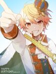  1boy arm_up ascot blonde_hair buttons cape chain collared_jacket crown fur-trimmed_cape fur_trim grin highres index_finger_raised isono_skyk jacket long_sleeves male_focus pointing project_sekai smile solo tenma_tsukasa upper_body white_ascot white_jacket wonder_magical_showtime!_(project_sekai) yellow_eyes yellow_gemstone 