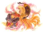  1girl black_dress blonde_hair brown_eyes chinese_clothes crossed_arms dress junko_(touhou) long_hair looking_at_viewer painting_(medium) phoenix_crown red_tabard shiroma_(mamiko) solo tabard touhou traditional_media upper_body watercolor_(medium) 