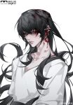  1boy absurdres alternate_costume bai_liu bishounen black_eyes black_hair blood blood_on_face highres i_became_a_god_in_a_horror_game long_hair looking_at_viewer male_focus shirt solo upper_body wavy_hair weibo_7867498164 white_background white_shirt 