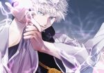  1boy artist_name bishounen blue_eyes fighting_stance floating_hair gojou_satoru highres holding holding_clothes hood hood_down japanese_clothes jujutsu_kaisen kimono lightning looking_at_viewer male_focus parted_lips reaching reaching_towards_viewer s0311_tre simple_background solo upper_body watermark white_hair white_kimono 