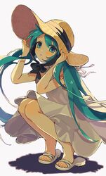  1girl aqua_eyes aqua_hair blush chin_strap closed_mouth commentary dress hat hatsune_miku highres long_hair looking_at_viewer sandals sleeveless sleeveless_dress solo squatting straw_hat sundress toenails twintails uminokaisen very_long_hair vocaloid white_dress white_footwear 