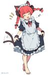  1girl alternate_costume animal_ears apron barefoot black_dress blush braid cat_ears cat_tail closed_eyes dress enmaided extra_ears fang frilled_apron frilled_dress frills full_body highres kaenbyou_rin long_hair maid maid_apron maid_headdress multiple_tails open_mouth ramudia_(lamyun) redhead short_sleeves simple_background smile solo tail touhou twin_braids twitter_username two_tails white_apron white_background wrist_cuffs 