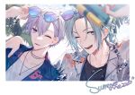  2boys aiue_o_eiua black_shirt blue_eyes blue_hair blue_shirt border bubble floral_print hawaiian_shirt highres idolish7 jewelry light_blue_hair light_purple_hair male_focus multiple_boys necklace one_eye_closed osaka_sougo palm_tree shirt sunglasses tree violet_eyes water_gun white_border white_shirt yotsuba_tamaki 