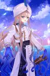  1boy androgynous blue_eyes blue_feathers blue_gloves blunt_bangs brown_hair buttons captain_nemo_(fate) clouds covered_navel eyelashes fate/grand_order fate_(series) feathers feet_out_of_frame gloves gradient_hair hat_feather highres kujiraoka long_hair long_sleeves male_focus multicolored_hair nemo_(fate) parted_lips solo turban water wavy_hair white_headwear 