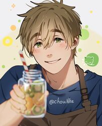  1boy apron blue_shirt blush brown_apron brown_hair chounke cup drinking_straw free! green_eyes highres holding holding_cup looking_at_viewer male_focus shirt short_hair smile solo tachibana_makoto teeth twitter_username 