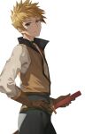  1boy belt black_pants blonde_hair blue_eyes brown_gloves brown_vest choker commentary_request cowboy_shot gloves guy_cecil hand_on_own_hip highres long_sleeves looking_at_viewer looking_to_the_side male_focus pants parted_lips popped_collar rourou_ill sheath sheathed short_hair solo spiky_hair sword tales_of_(series) tales_of_the_abyss v-neck vest weapon white_background 