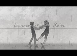  1boy 1girl dancing full_body greyscale highres holding_hands kromer_(limbus_company) letterboxed limbus_company long_sleeves low_ponytail monochrome multicolored_hair pants project_moon puddle rain school_uniform shiqicheng shirt shoes sinclair_(limbus_company) socks streaked_hair vest water wide_shot 