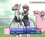  2girls black_gloves black_jacket black_pants blush bocchi_the_rock! closed_mouth english_text fang fang_out geta gloves gotoh_futari gotoh_hitori gotoh_hitori_(tsuchinoko) haribote_elegy helmet horse_racing jacket japan_world_cup long_sleeves motion_lines multiple_girls nervous_sweating pants pink_hair pink_headwear sailor_collar shirt smile sunglasses sweat torako_(toramaru) translation_request united_states white_shirt 