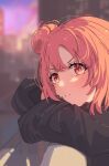  1girl absurdres bilibalakonglijiwa black_jacket blurry blurry_background blush closed_mouth hair_bun head_rest highres jacket long_sleeves medium_hair orange_eyes orange_hair portrait pout single_hair_bun single_side_bun solo yahari_ore_no_seishun_lovecome_wa_machigatteiru. yuigahama_yui 