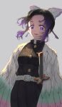  1girl belt breasts butterfly_hair_ornament buttons demon_slayer_uniform grey_background hair_ornament haori ico6 jacket japanese_clothes katana kimetsu_no_yaiba kochou_shinobu long_sleeves looking_at_viewer open_mouth parted_bangs purple_hair short_hair simple_background solo sword violet_eyes weapon white_belt 