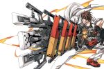  1boy ahoge brown_hair cannon dong_hole fire floating_clothes grin guilty_gear guilty_gear_strive gun highres holding holding_cannon holding_gun holding_weapon lab_coat male_focus muscular muscular_male red_eyes shoes simple_background smile sol_badguy solo spiky_hair weapon white_background 