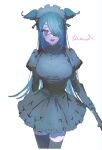  1girl absurdres alternate_costume blue_eyes blue_hair blue_wings blush dress elira_pendora eyepatch grey_dress hair_over_one_eye head_wings highres juliet_sleeves long_hair long_sleeves maid_headdress milkuriem nijisanji nijisanji_en one_eye_covered open_mouth puffy_sleeves smile solo virtual_youtuber white_headwear wings 