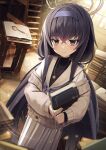 1girl black_hair black_shirt blue_archive blue_eyes book closed_mouth halo headband highres jewelry ladder library light_blush long_hair looking_at_viewer magnifying_glass necklace sailor shirt skirt smile solo sweater ui_(blue_archive) very_long_hair white_skirt xaiqi