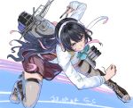  1girl adapted_turret aqua_bow aqua_bowtie black_hair blazer bow bowtie breasts cannon full_body gegeron grey_thighhighs hair_between_eyes hair_down hairband hat highres jacket kantai_collection large_breasts long_hair long_sleeves looking_at_viewer machinery mast military_uniform multicolored_hair naganami_(kancolle) naganami_kai_ni_(kancolle) naval_uniform peaked_cap pink_hair rigging school_uniform smile smokestack solo standing standing_on_liquid thigh-highs torpedo_launcher torpedo_tubes turret two-tone_hair uniform wavy_hair white_hairband yellow_eyes 