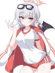  absurdres blue_archive buruma demon_girl demon_wings grey_hair gym_uniform haruna_(blue_archive) haruna_(track)_(blue_archive) highres mangyu0111 official_alternate_costume red_buruma red_eyes shirt thighs white_shirt wings 