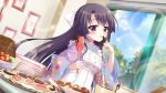 1girl apron baking black_hair blue_kimono blue_sky bow candy chocolate chocolate_bar chocolate_on_hand clouds cookie day dot_nose dutch_angle film_grain floral_print food food_on_hand frilled_apron frills fruit game_cg hair_bow heart-shaped_cookie holding holding_spatula ichikishima_mizuha icing izumi_tsubasu japanese_clothes kimono large_bow lens_flare licking licking_finger long_hair looking_at_viewer mixing_bowl non-web_source official_art picture_(object) plate plate_stack print_kimono purple_kimono re:stage! sky solo sparkle spatula straight_hair strawberry tongue tongue_out tree two-tone_kimono violet_eyes white_apron white_bow window window_blinds 